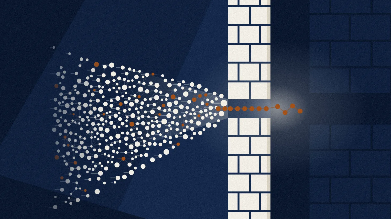 A dense swarm of small off-white nodes funnels toward a narrow, lit opening in a tall wall of stacked blocks, while a thin line of copper nodes has already passed through to the dark interior.